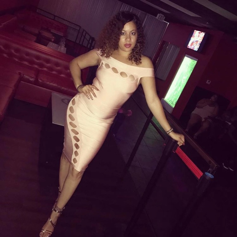 BLUSH OFF THE SHOULDER CUT OUT BANDAGE DRESS